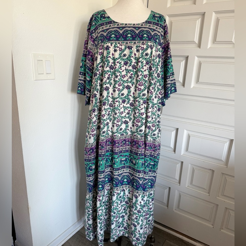 The Vermont Country Store Floral Maxi Dress Purple Green Half Sleeve Sz 3X